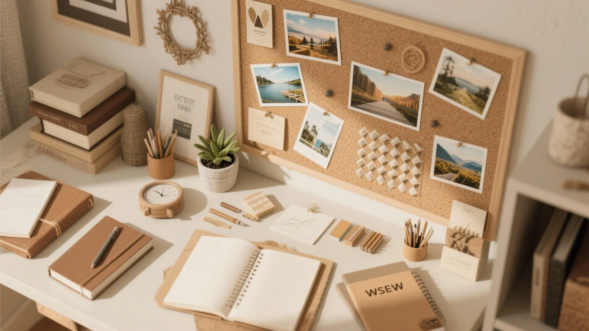 Flatlay of personal decor items for a cozy study room