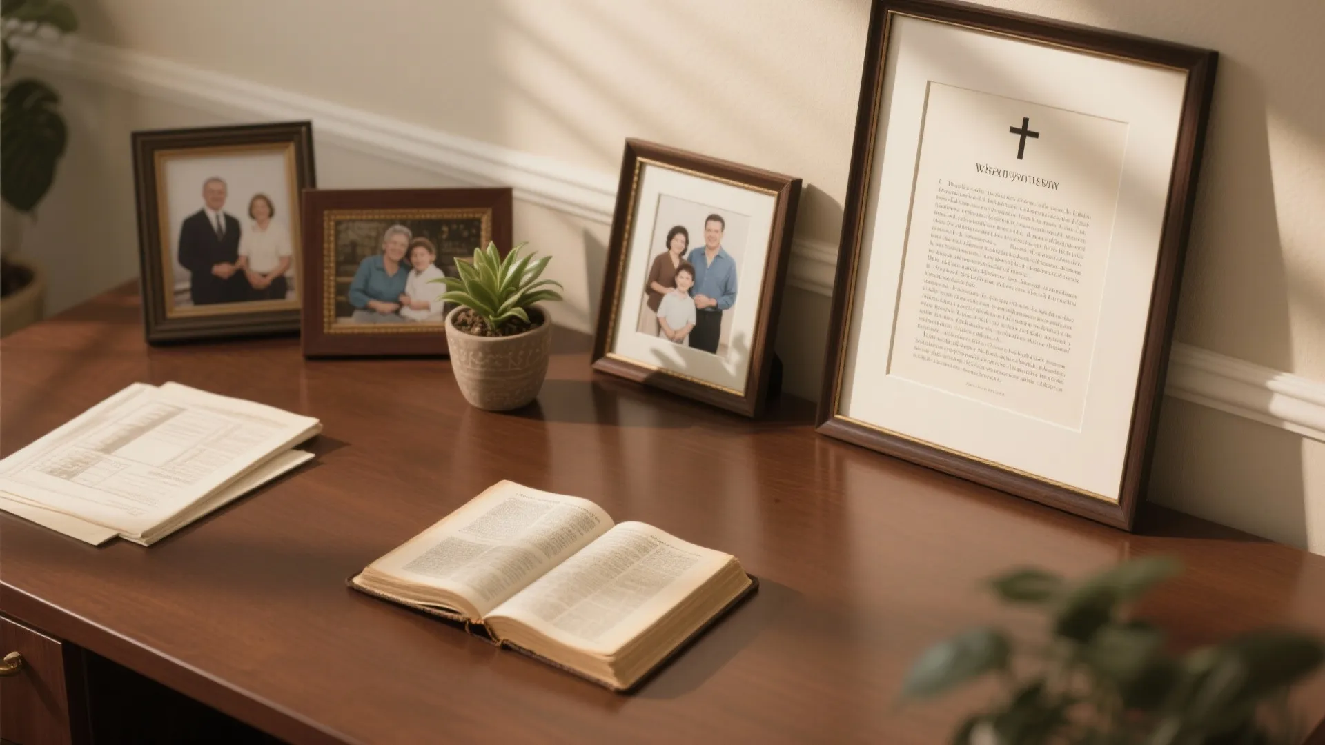 Flat lay of pastor's office personal decor items including photos and scripture art