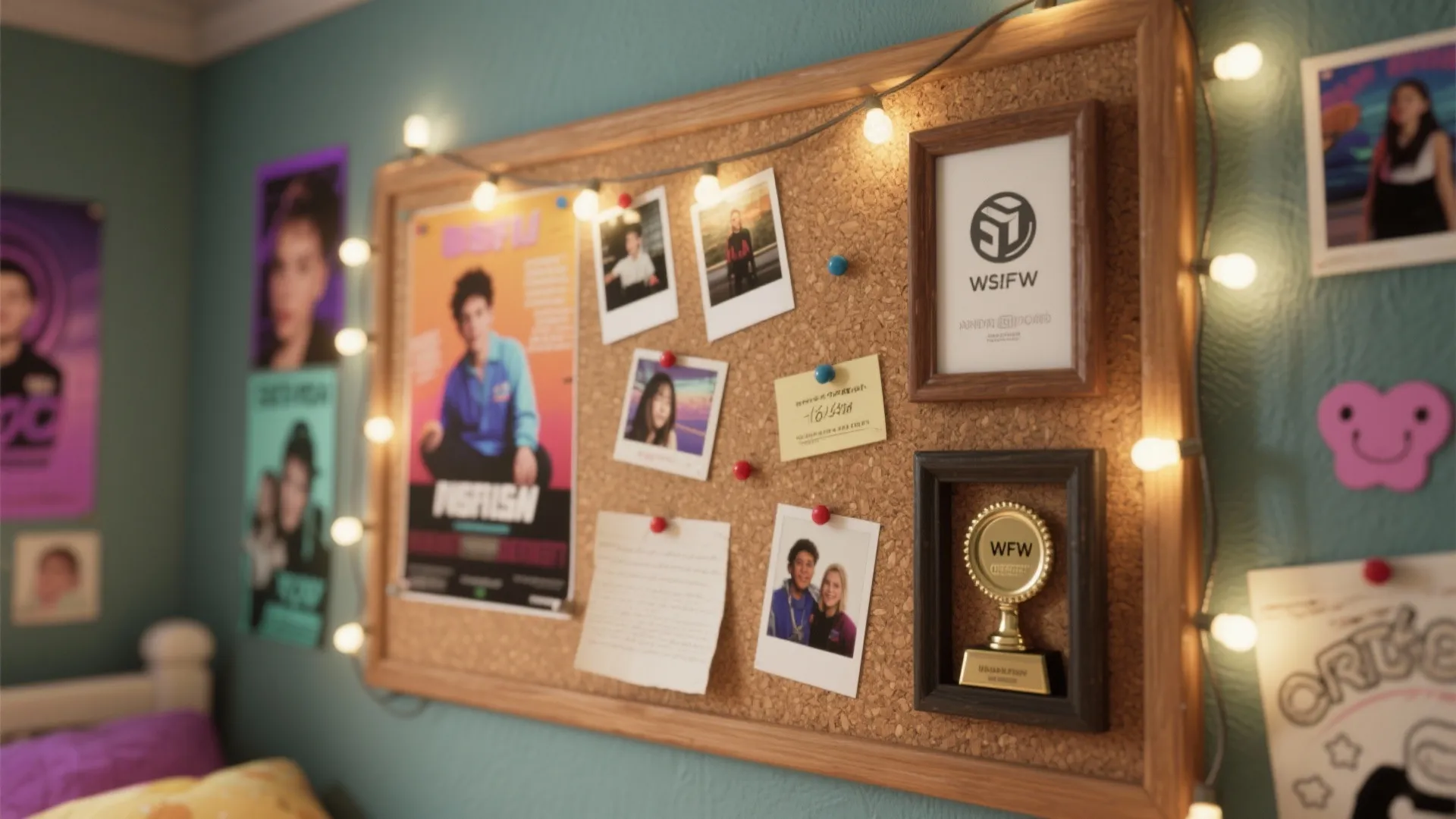 Cork board on a green wall decorated with photos posters and string lights for bedroom