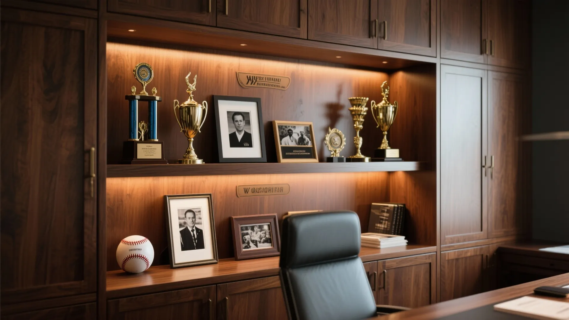 Wooden wall cabinet with trophies framed photos and baseball displayed on shelves with warm lighting