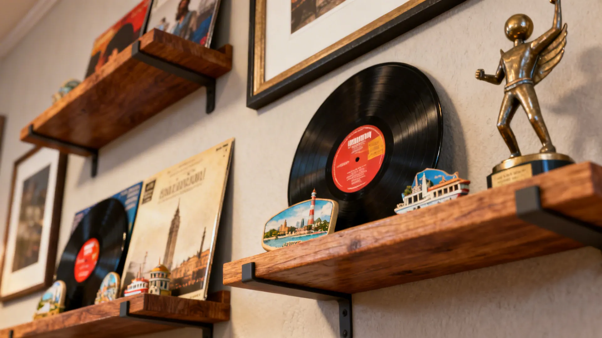 Floating shelves and a gallery wall showing individual keepsakes and shared items.