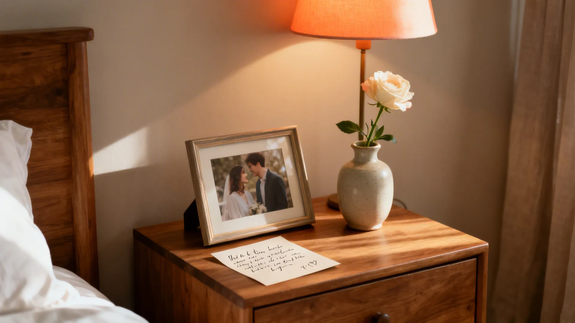 A low-framed photo, handwritten note, and a single bouquet in a ceramic vase on a warm wood dresser.
