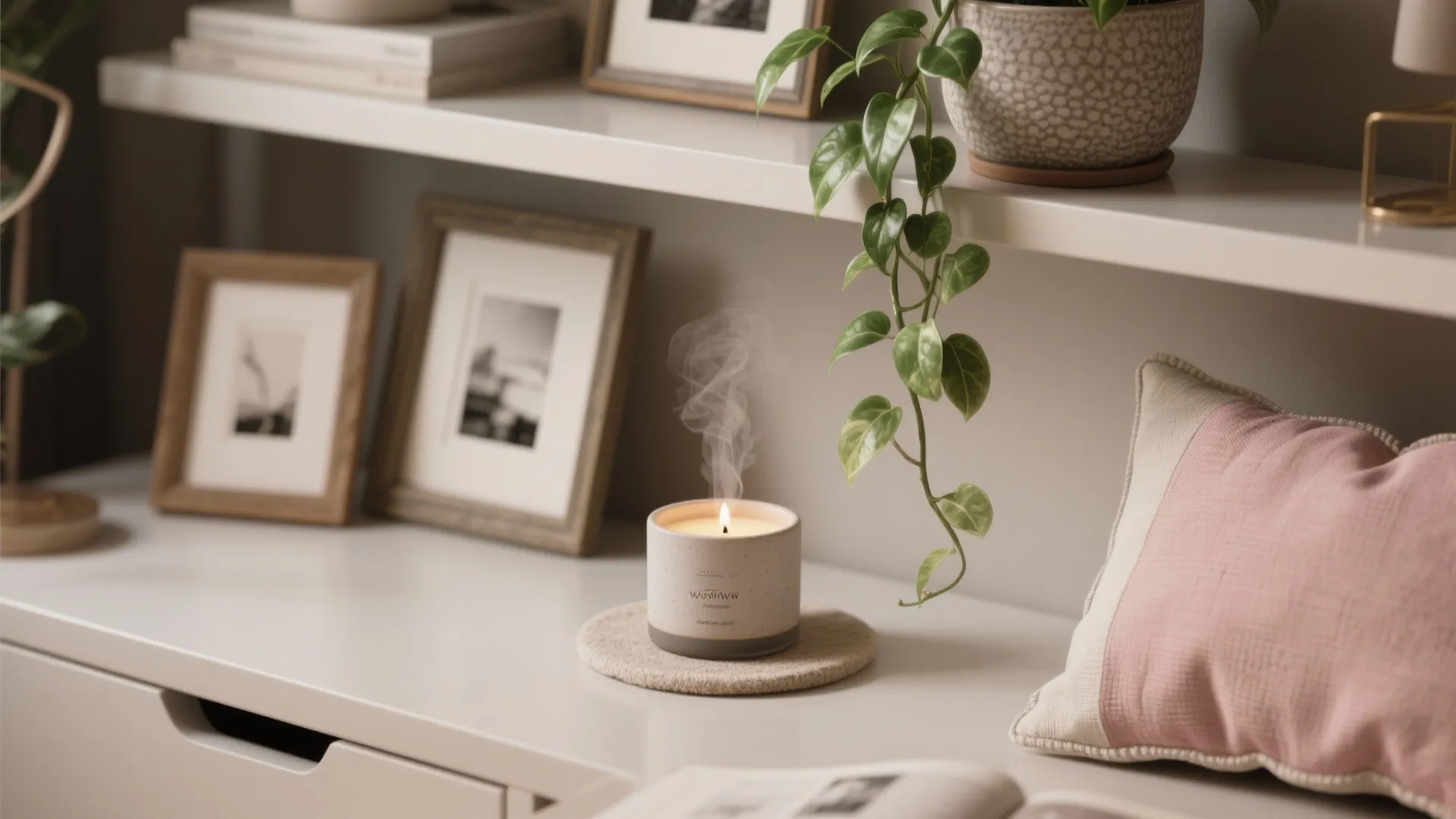 Scented candle burning on a white shelf with picture frames green plants and pink pillow