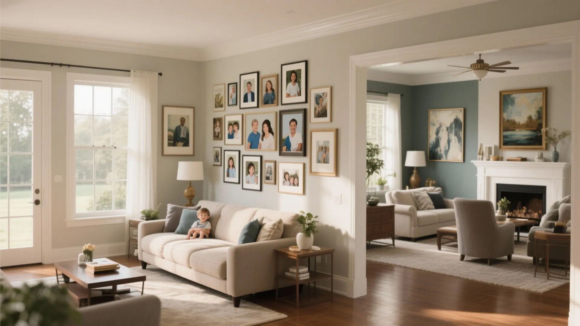 Gallery wall with personal photographs in a family room