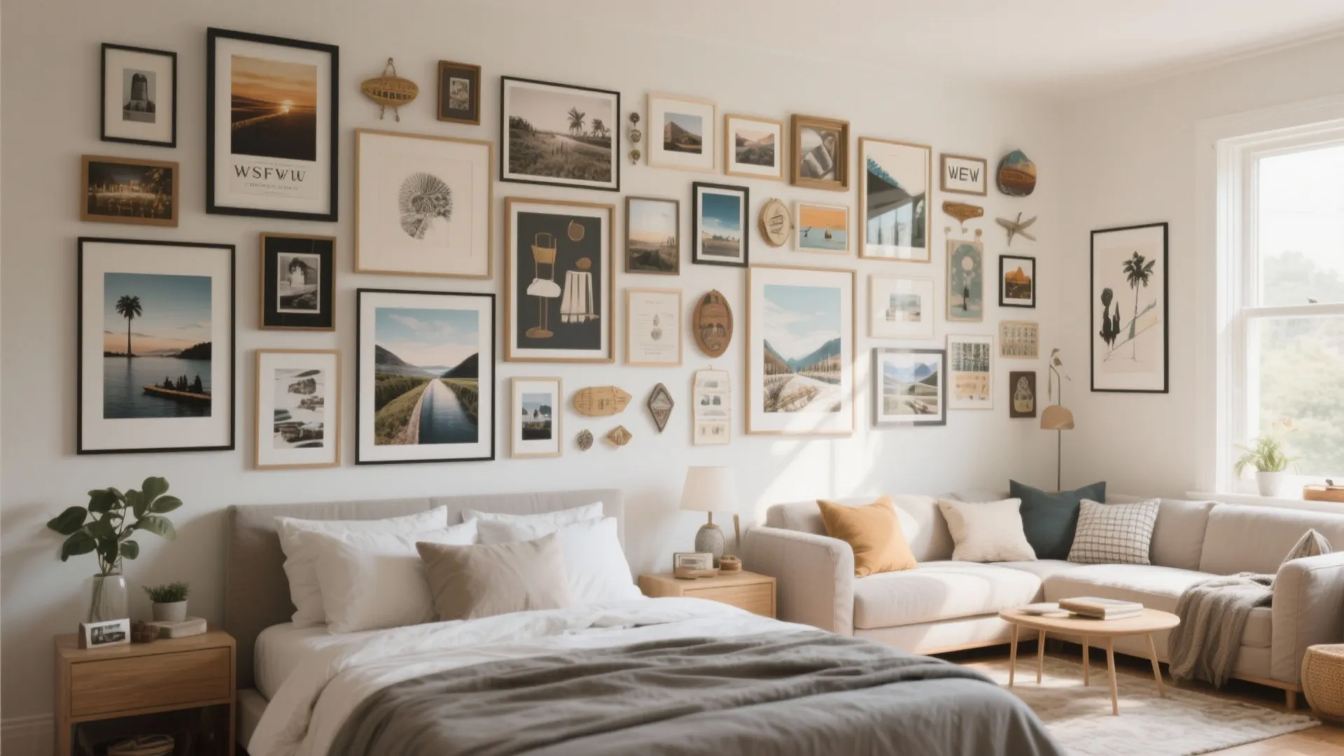 Personalized gallery wall in large bedroom