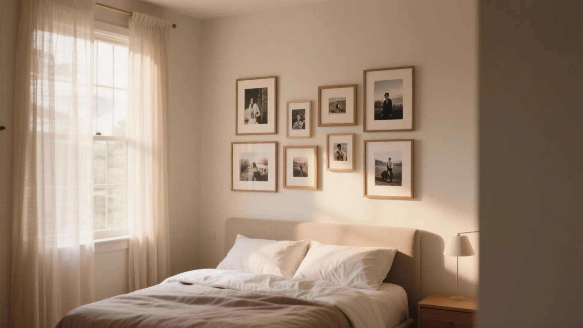 Bedroom wall with a collection of framed photos above the bed near a bright window