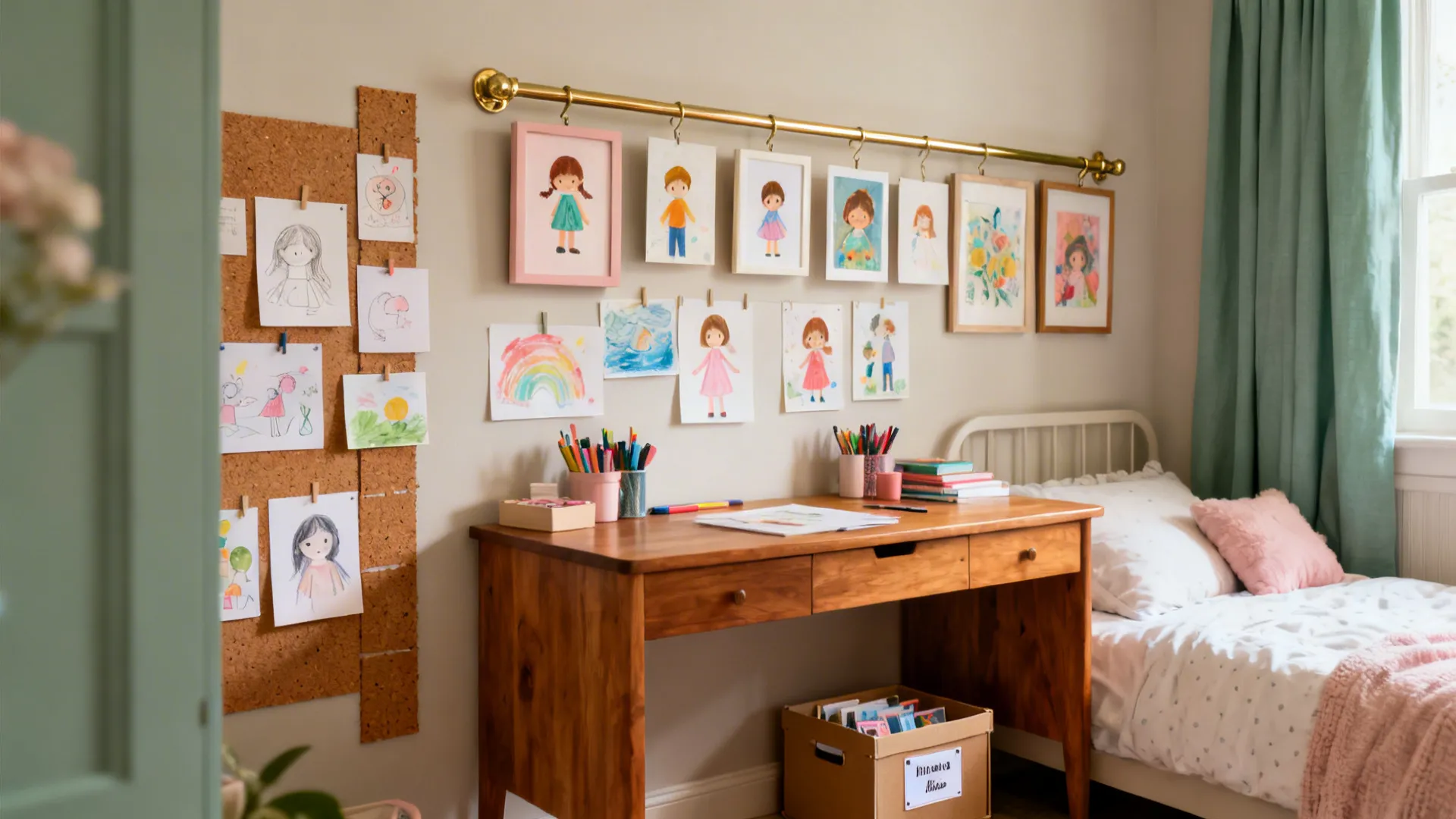 Slim gallery rail and cork strips displaying rotating kids’ art above a tidy desk in soft daylight.