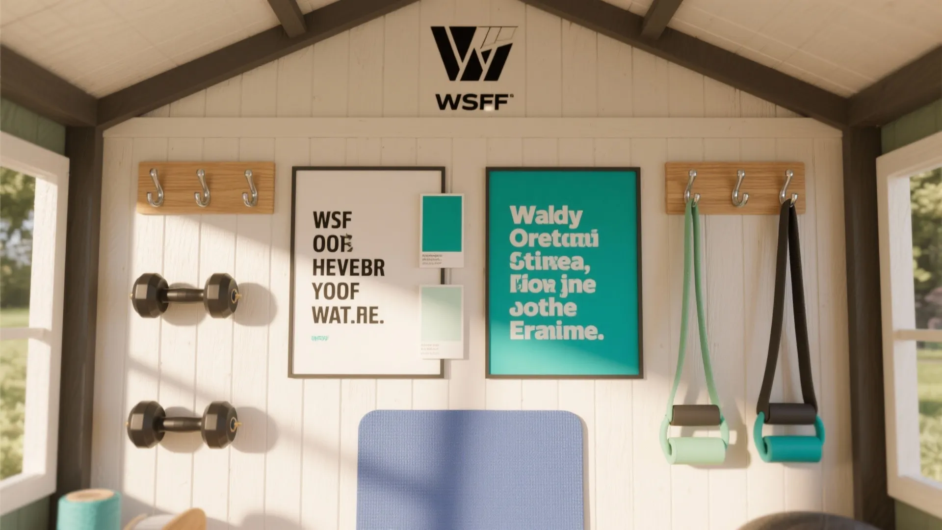 Flat lay of gym shed decor ideas with teal paint, posters, hooks, and yoga gear
