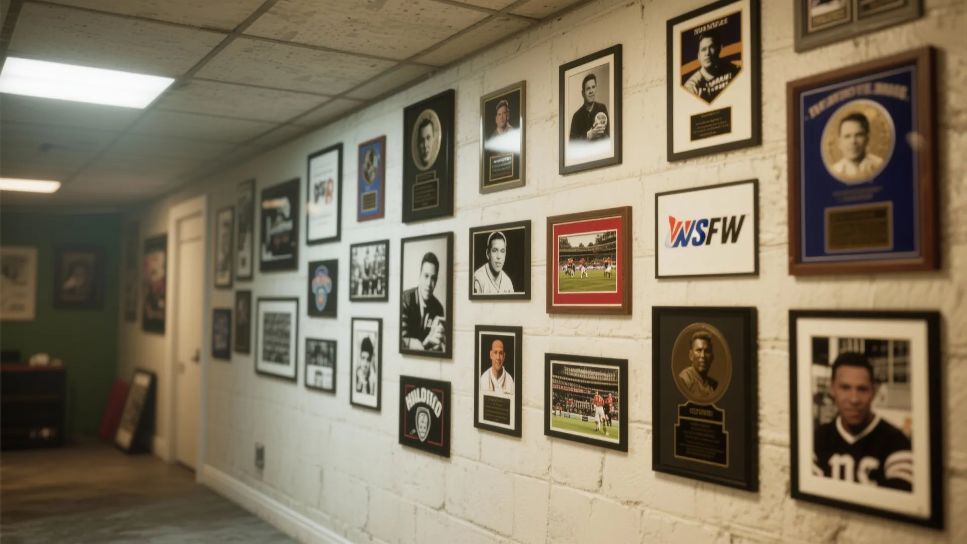 Gallery wall of sports photos in a personal hall of fame basement corner.