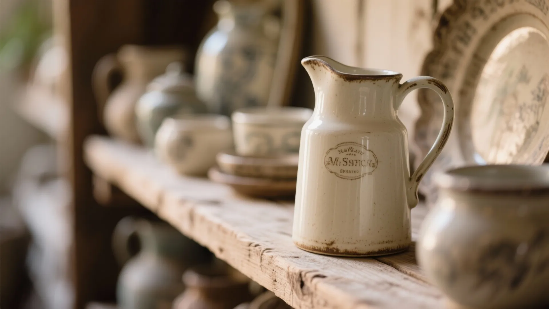 White ceramic pitcher standing on a rustic wooden shelf with blurry pottery and plates behind it