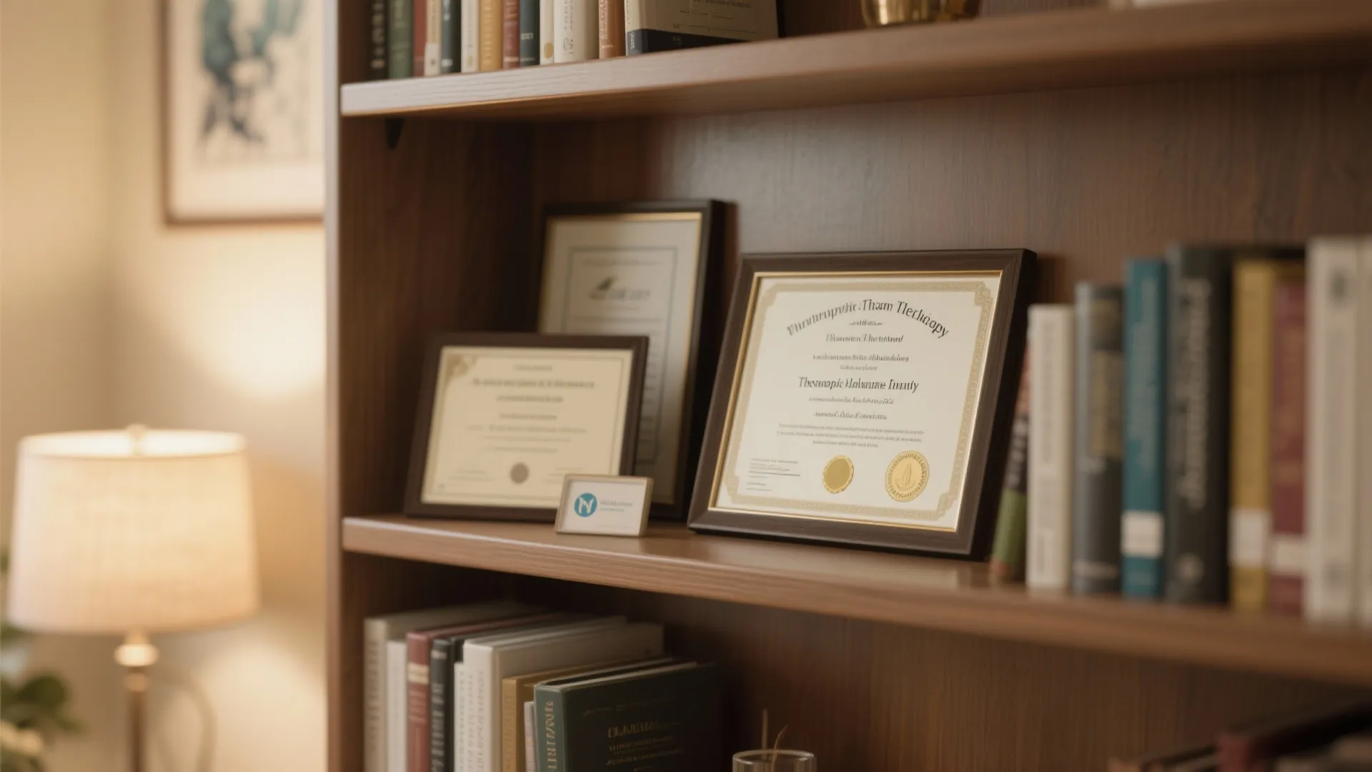 Bookshelf with minimal personal items in therapy office