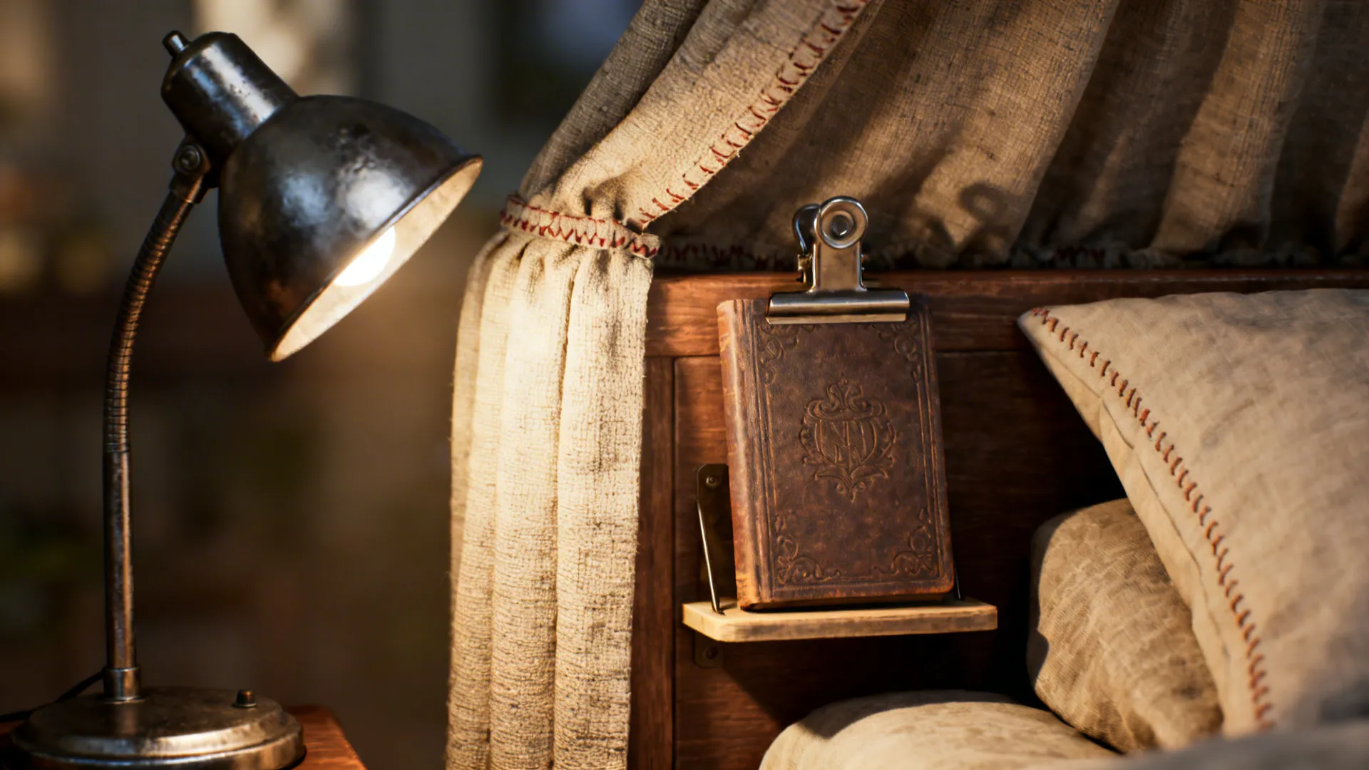Close-up of a clip-on reading lamp and small fabric canopy creating a private bedside nook