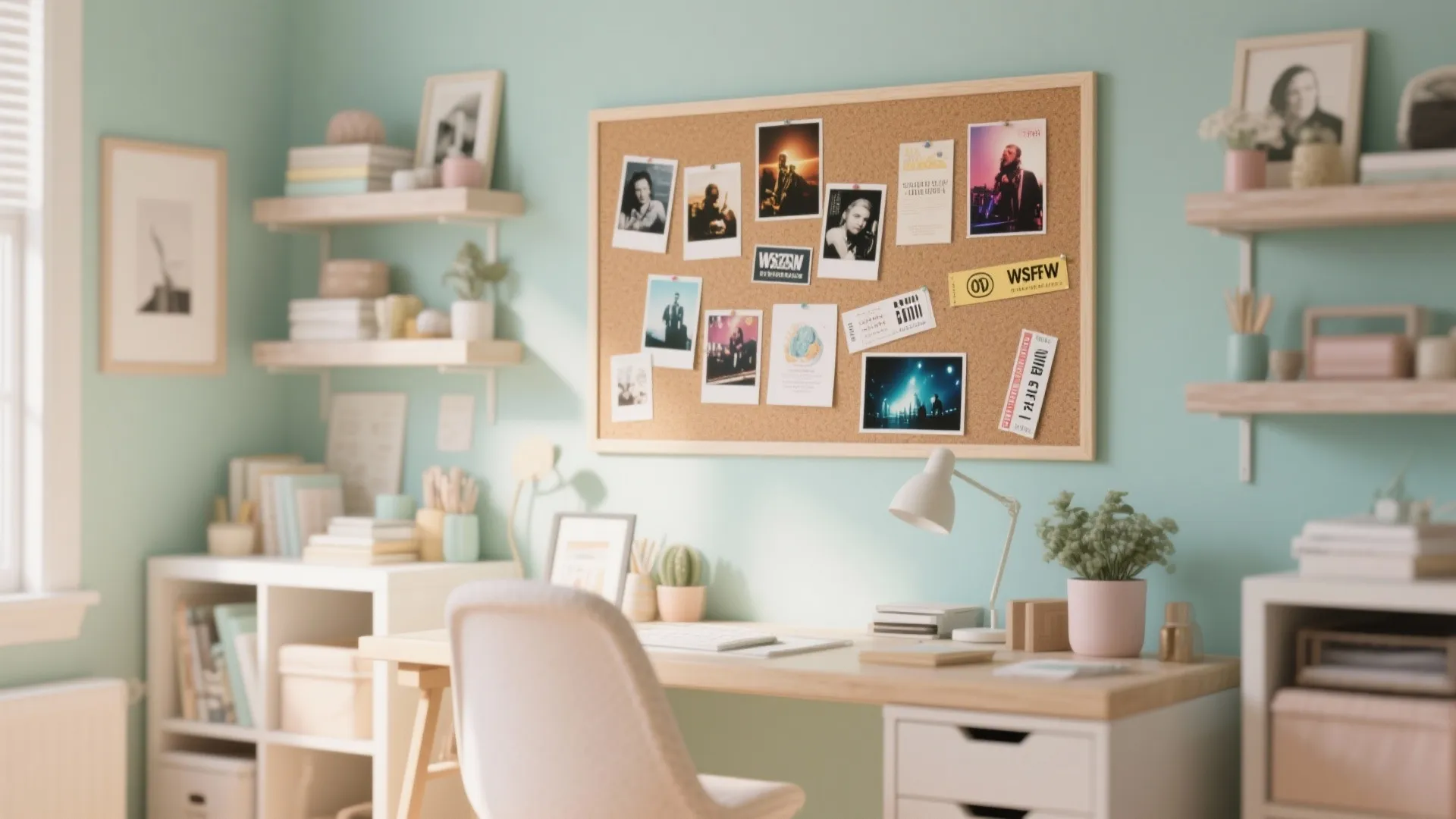 Home office desk with cork board on mint wall featuring photos notes and desk lamp