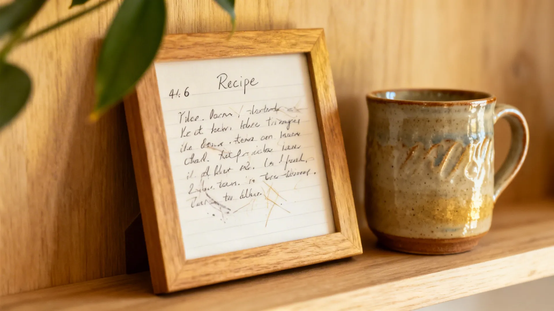 Macro of a framed recipe beside a handmade mug on a light oak kitchen shelf.