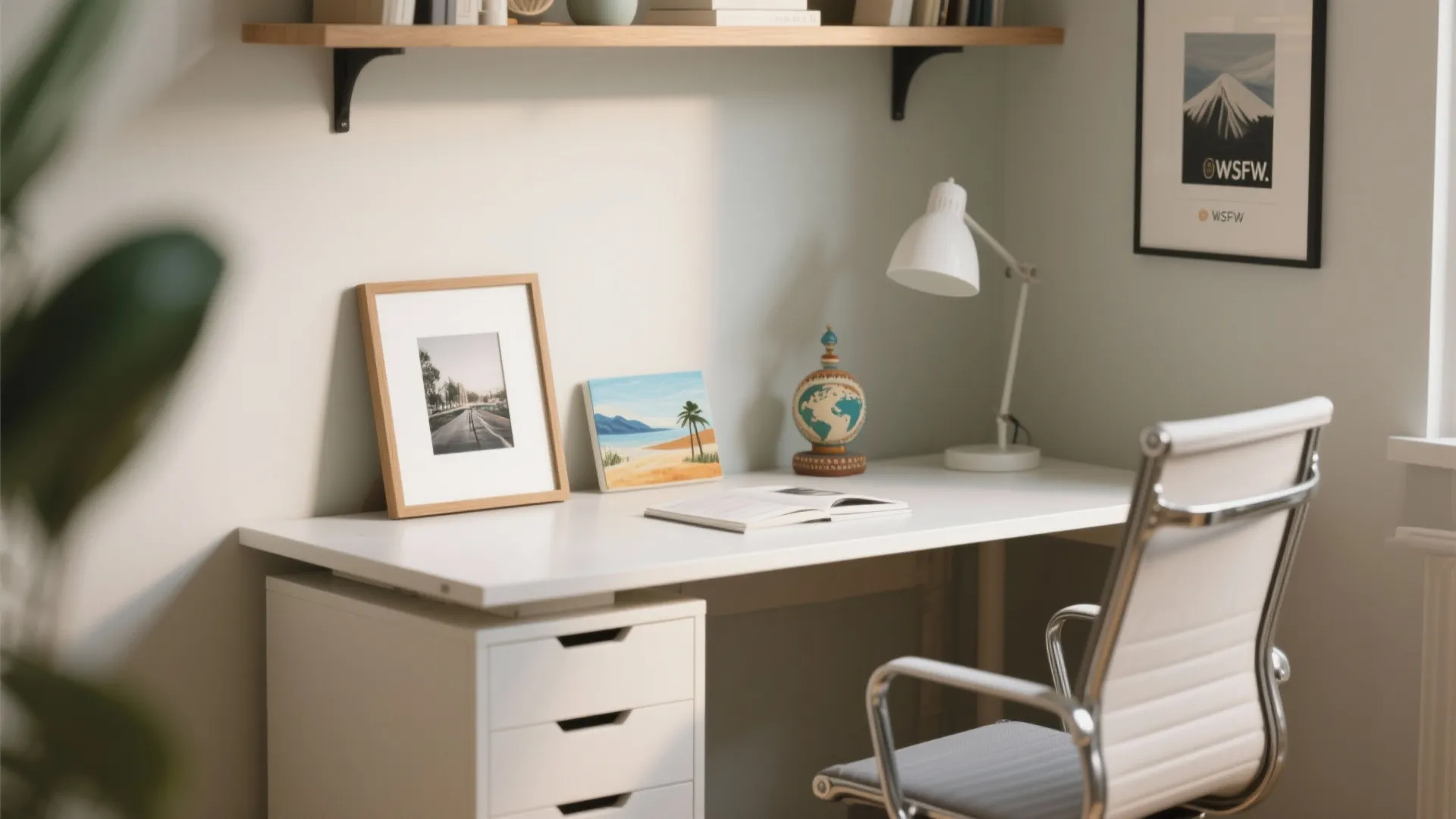 Clean white desk setup featuring small picture frames a globe and a white table lamp