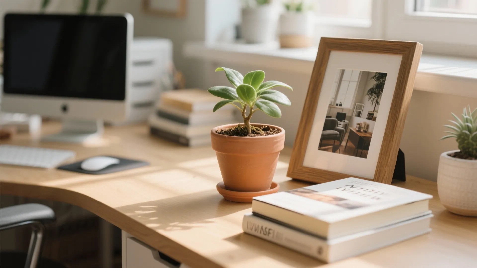 Cozy home office desk with computer potted plant wooden picture frame books and soft natural light