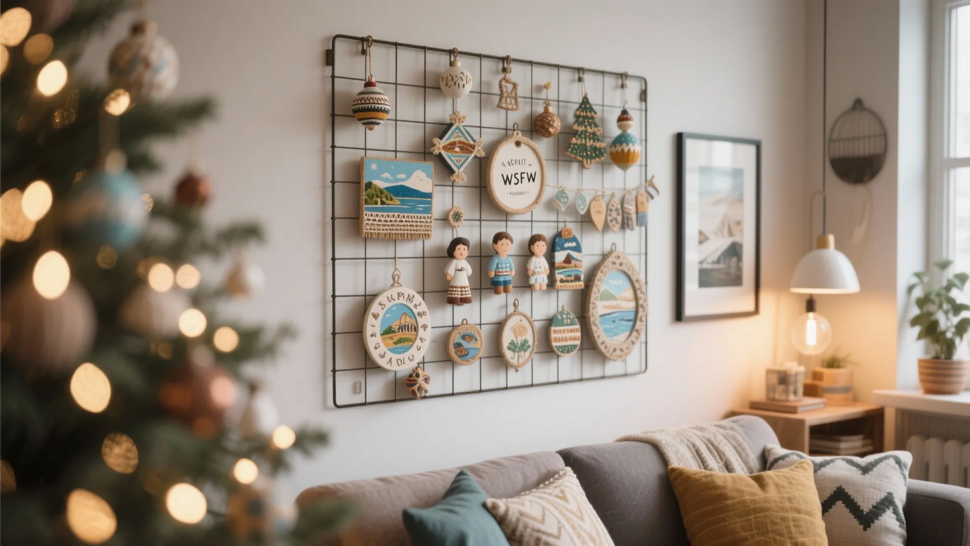 Personalized Christmas ornaments displayed creatively on a wire grid