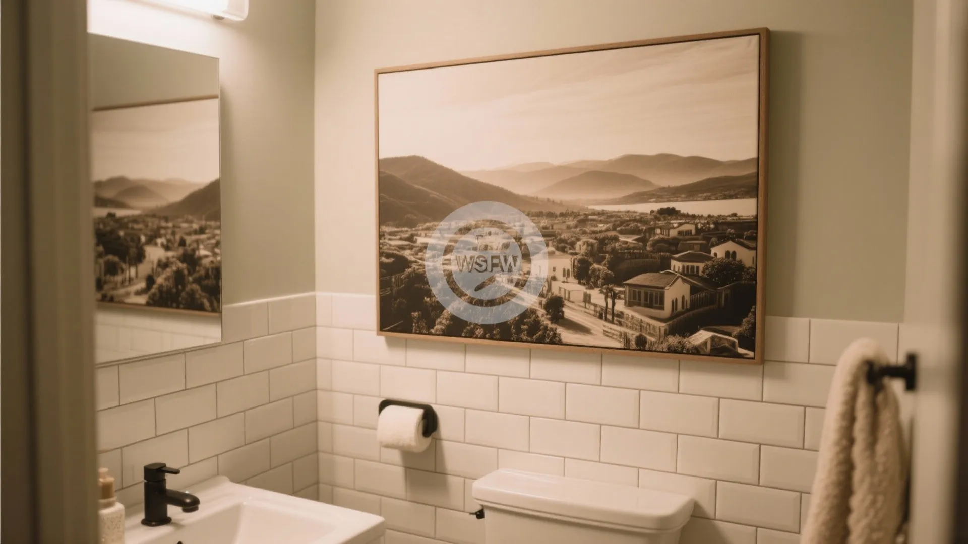 Small bathroom with white tiled walls and large framed landscape photo above toilet and sink