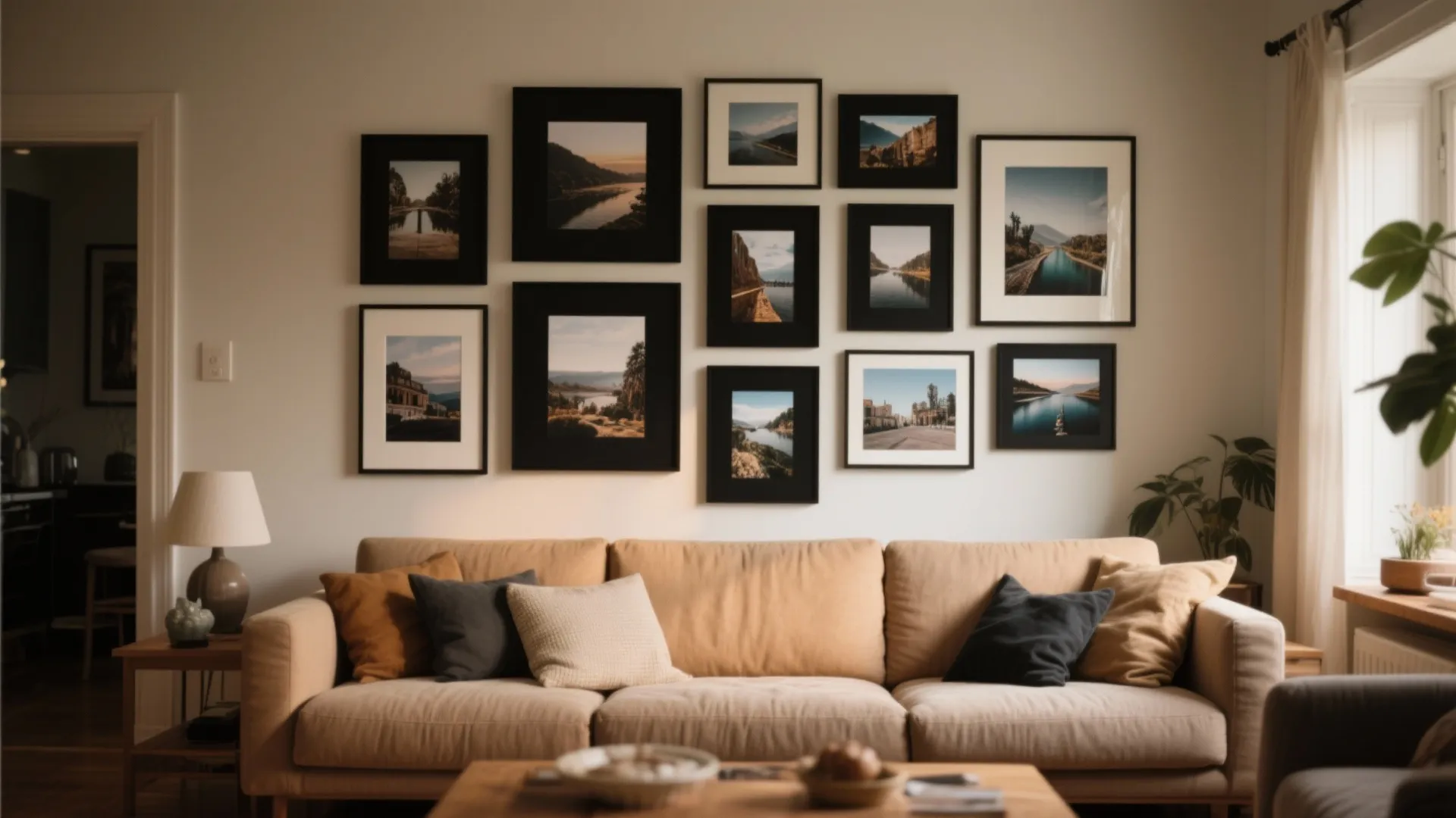 Beige sofa with throw pillows arranged below a wall decorated with multiple framed nature photographs