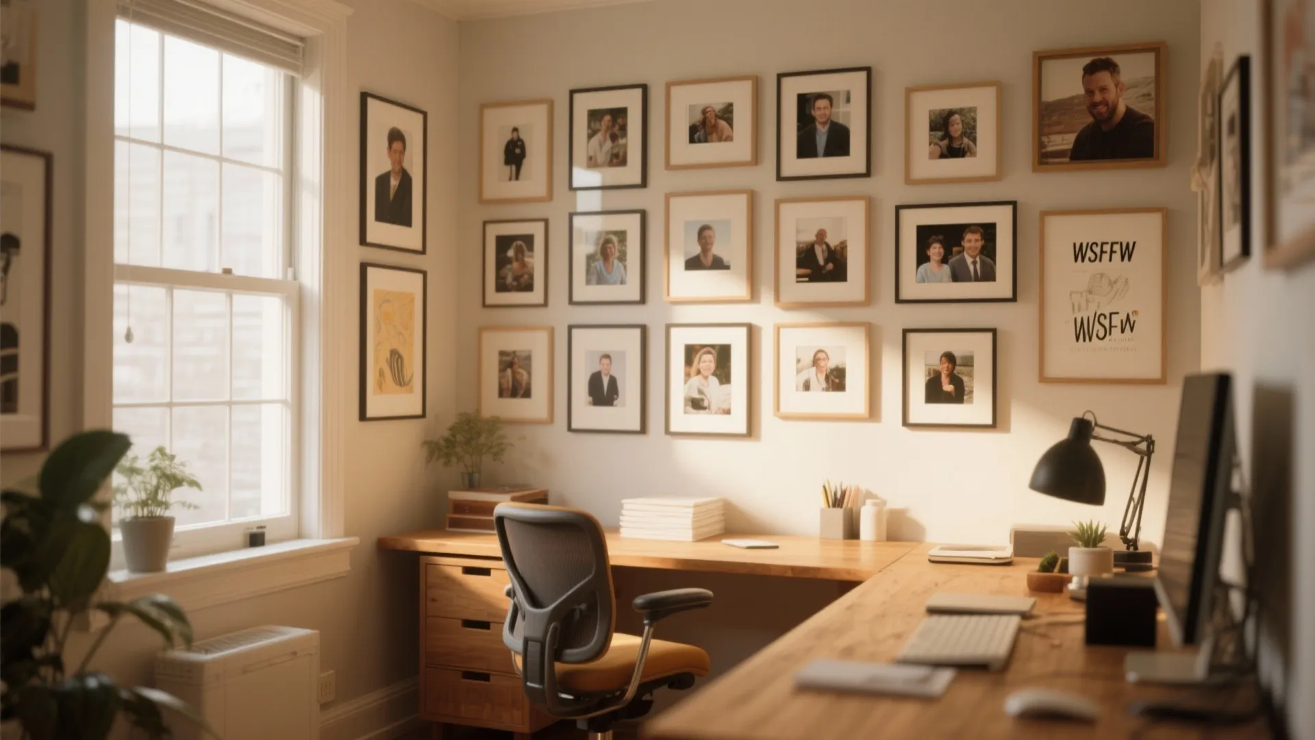 Home office with large wooden corner desk many framed photos on wall and desk lamp