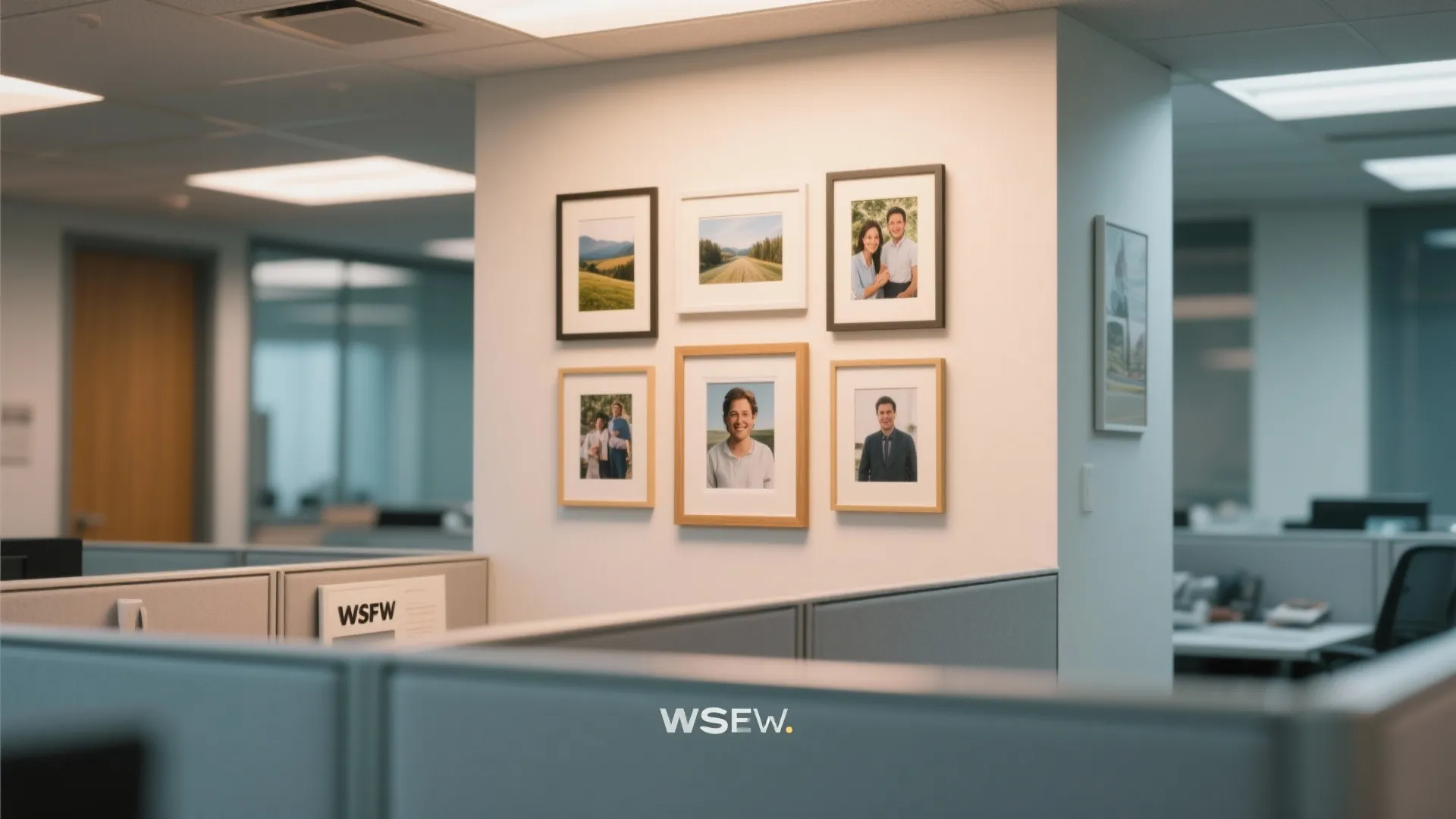 Modern office wall with several framed personal photos and landscape pictures above the grey cubicles