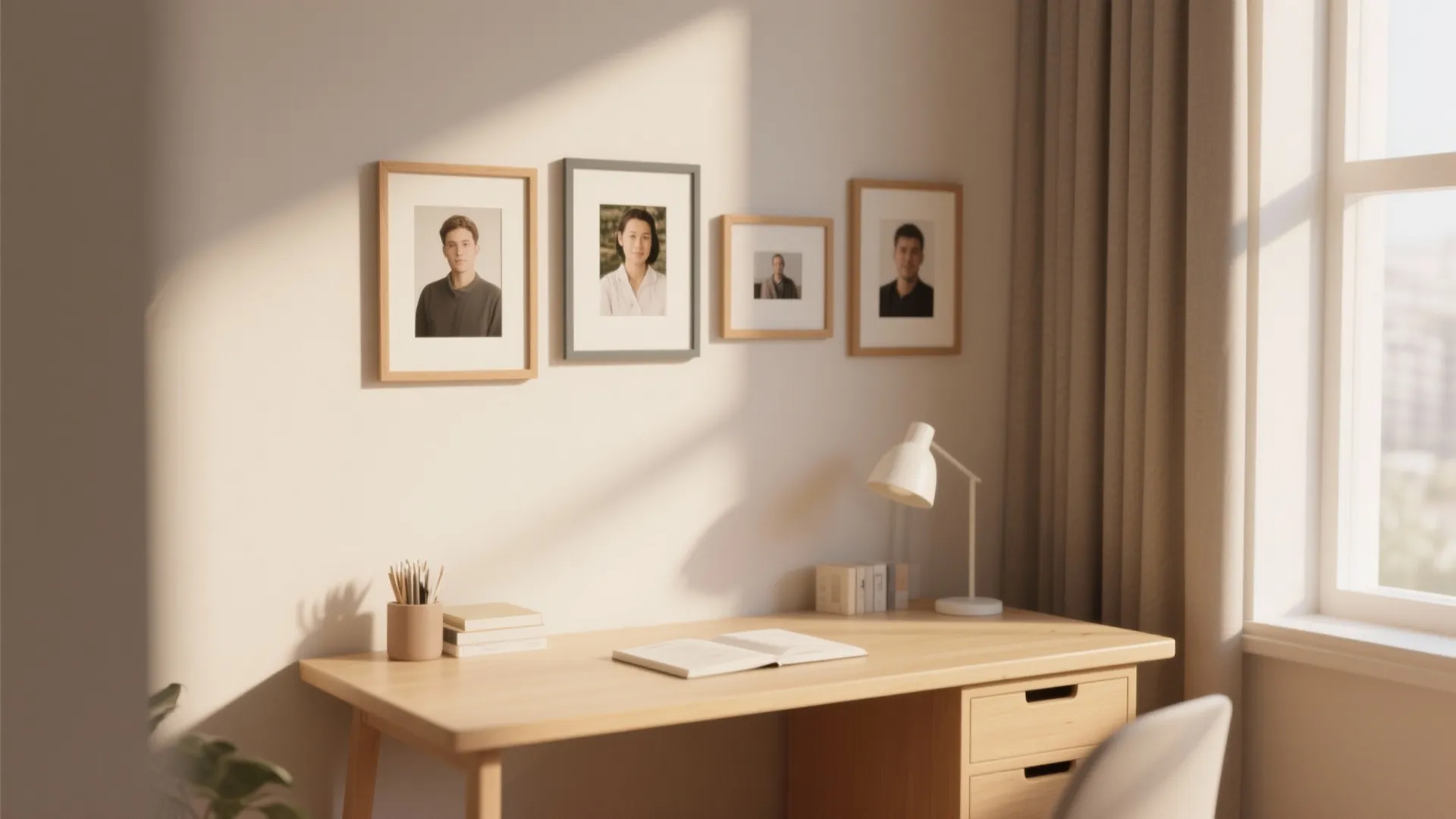Study table with personal photo frames arranged above