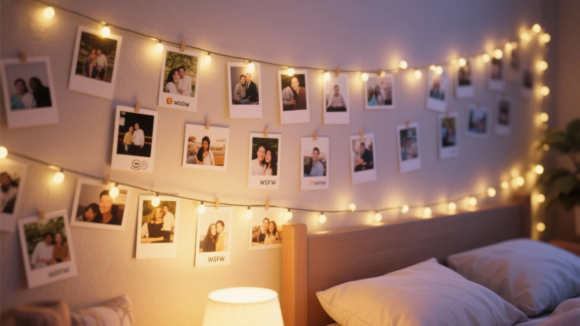 String lights hanging on wall with polaroid photos pinned above a bed with white pillows