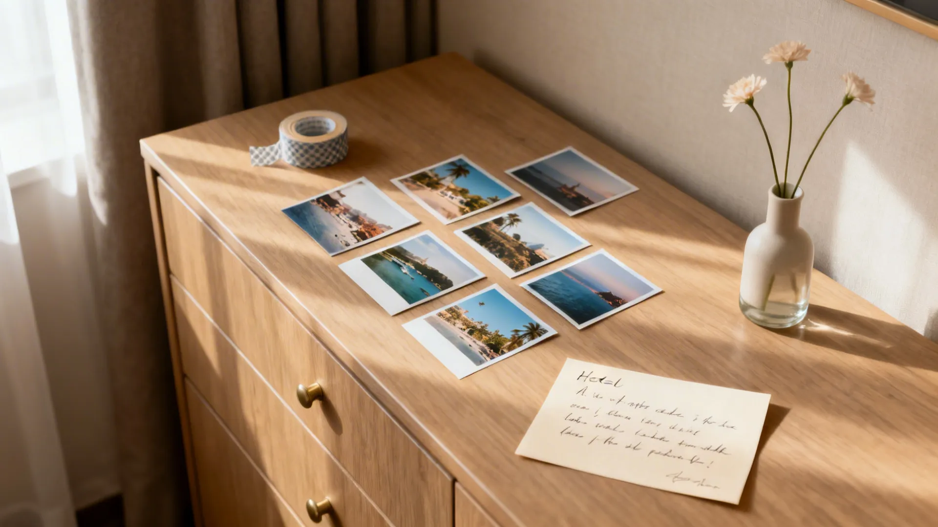 Flat lay of mini prints, a note card, washi tape, and a small bud vase on a hotel dresser.