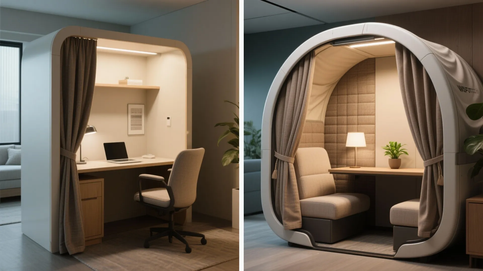 Comparison of two modern workspace pods with desks, comfortable seating, soft curtains, and warm lighting.