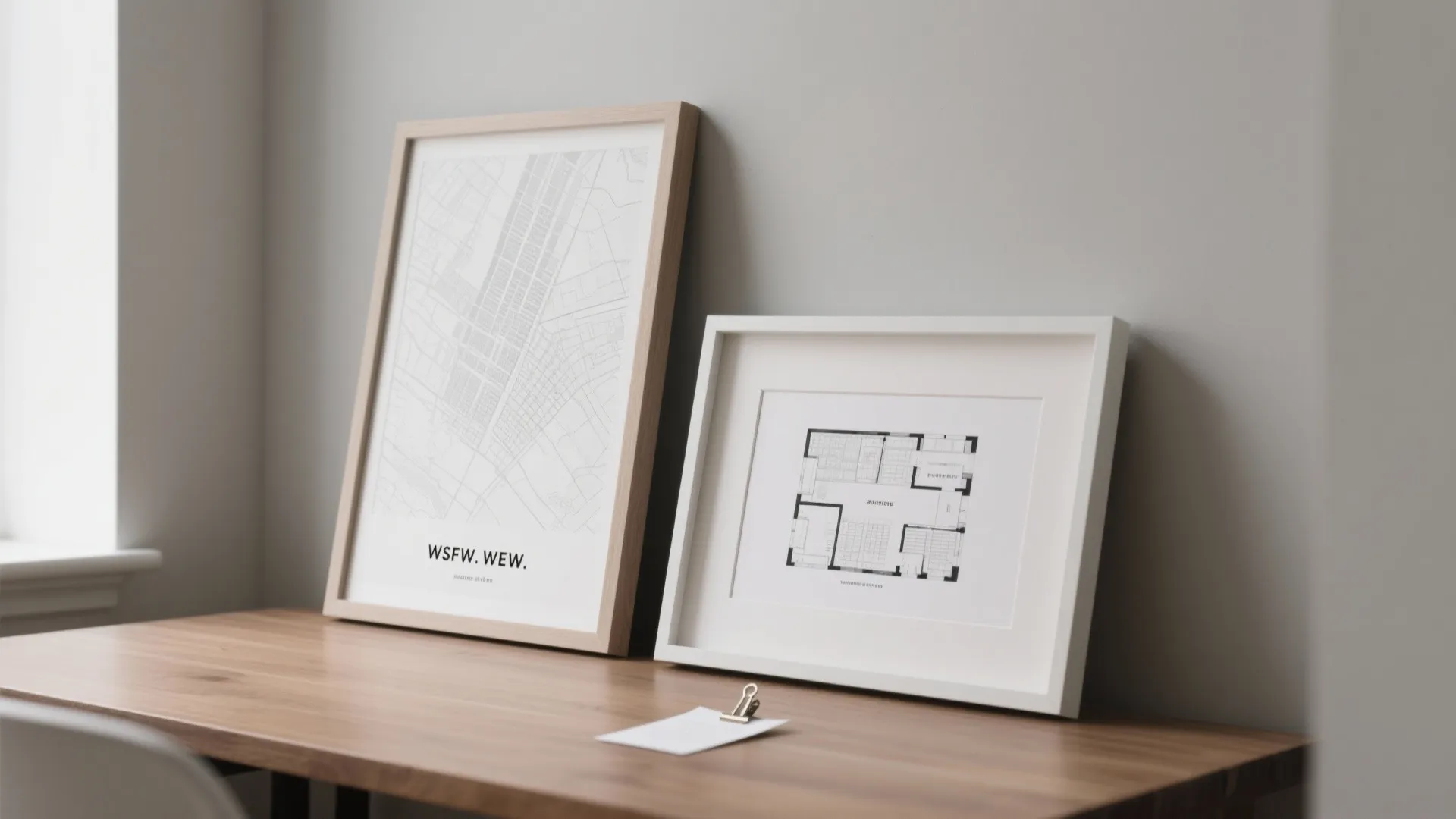 Two framed prints showing a city map and room layout leaning against a grey wall