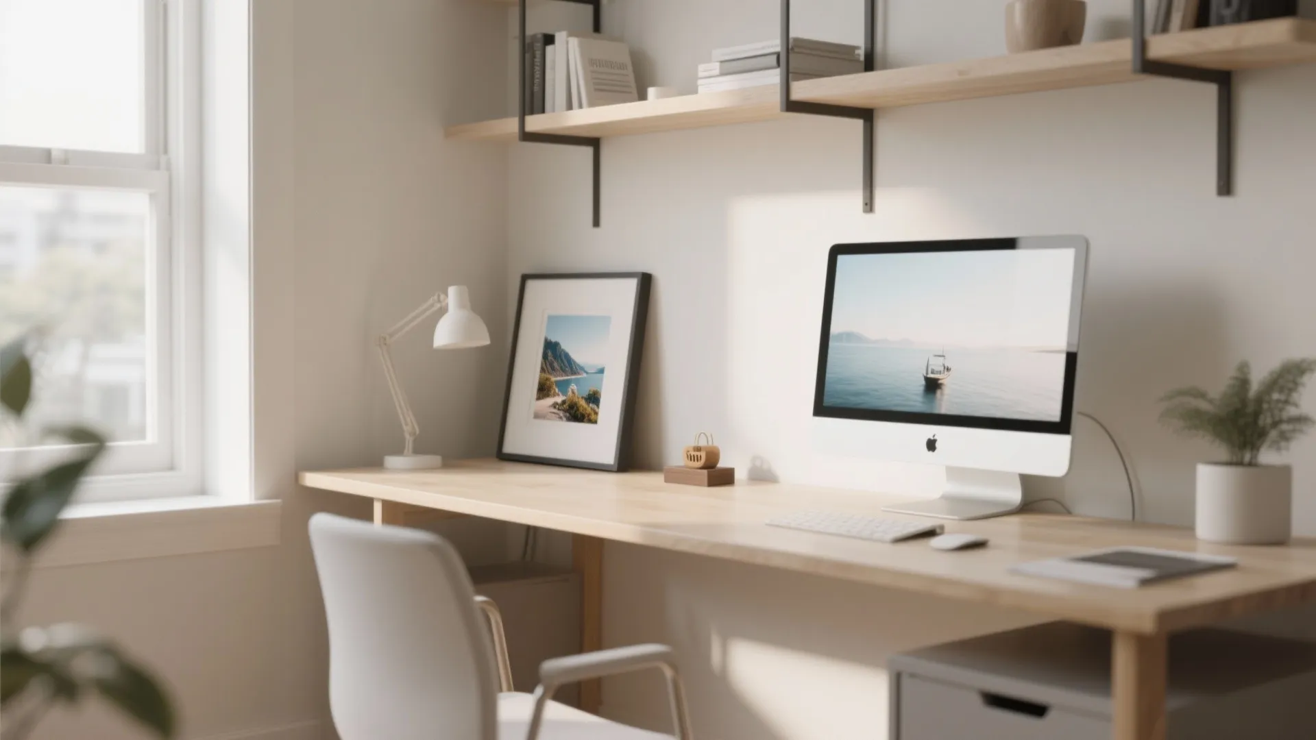 Minimalist home office featuring wooden desk, white chair, computer, table lamp, and floating wall shelves