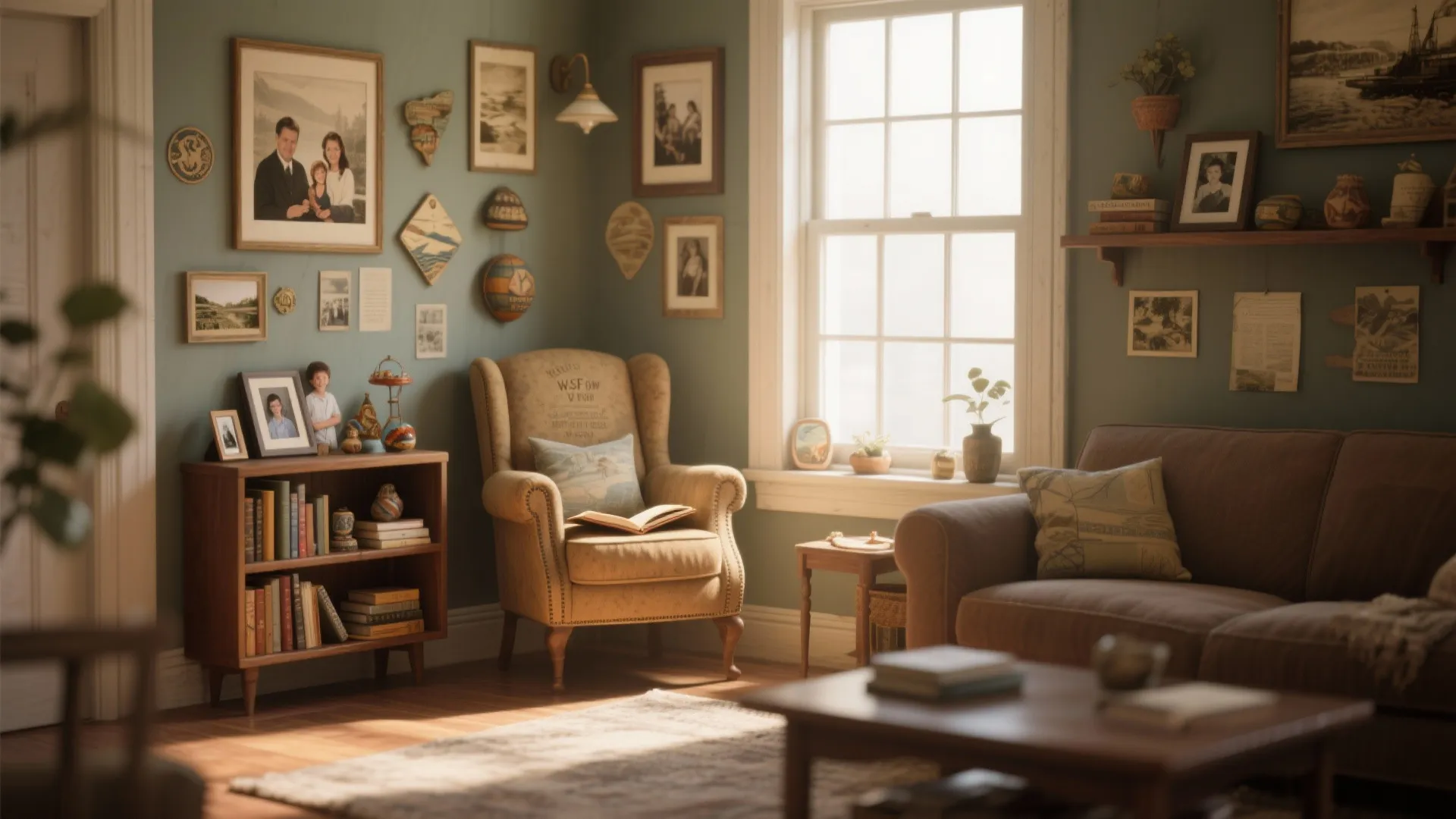 Cozy reading nook with vintage armchair, souvenirs, and photos