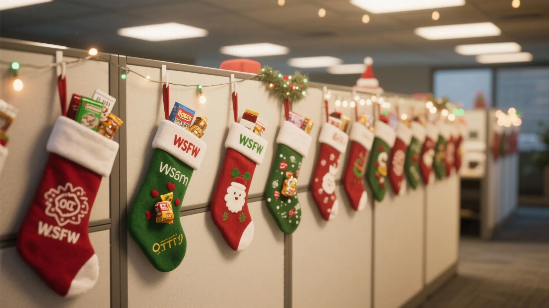 Red and green Christmas stockings hanging on office cubicle walls with many small glowing lights