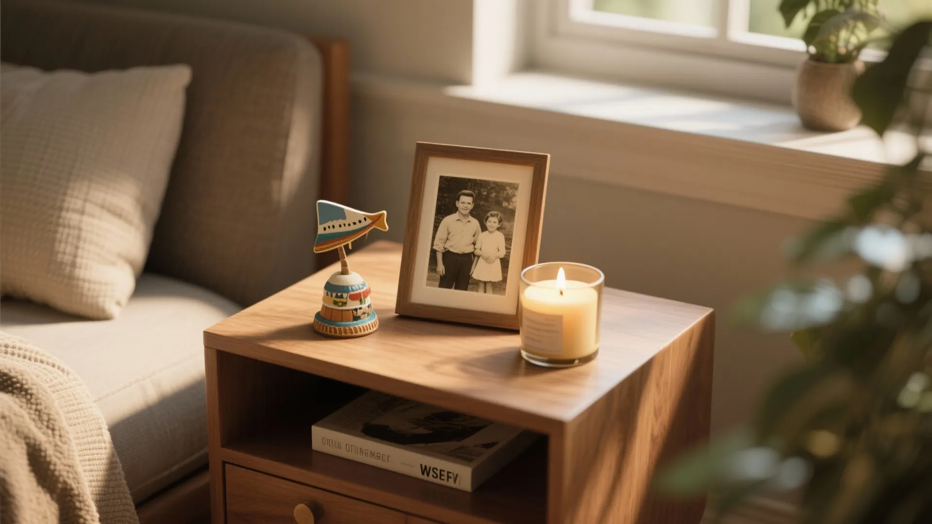 Wooden bedside table with framed photo a burning candle and small decorative toy near a window
