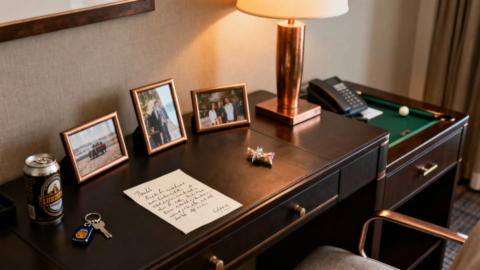 Hotel desk with small photo frames, a handwritten note, and micro-gifts arranged in sequence.