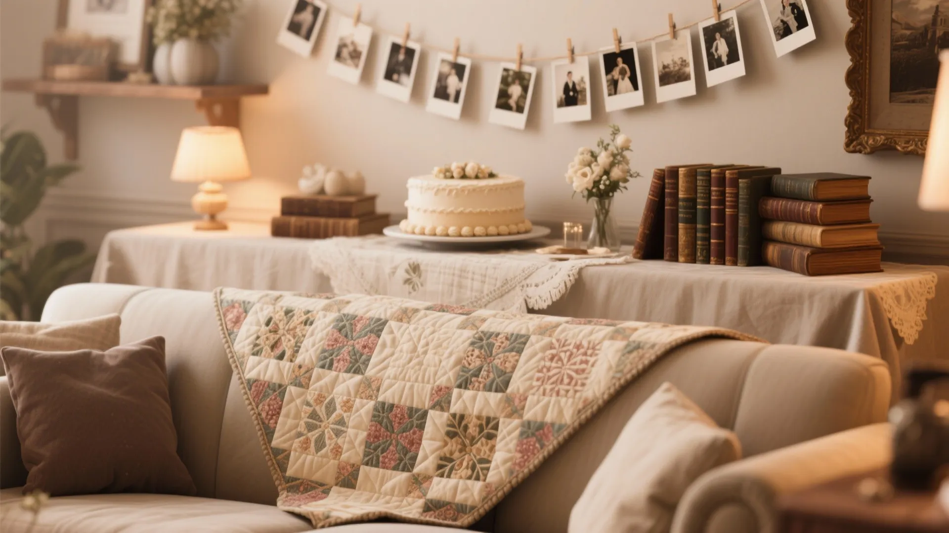 Heirloom quilt and family photos used as personal wedding decor