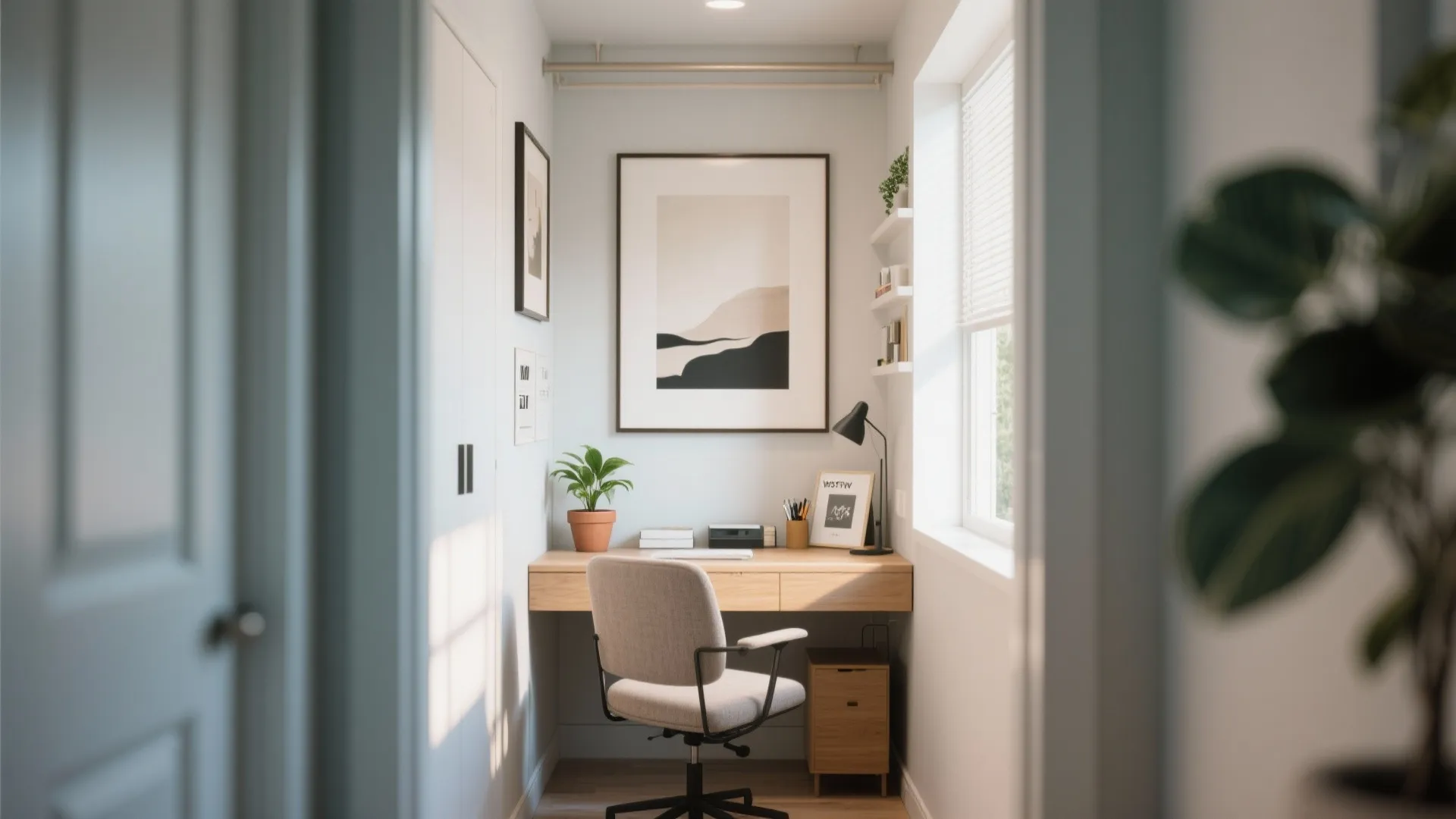 Closet office with framed art and small plant