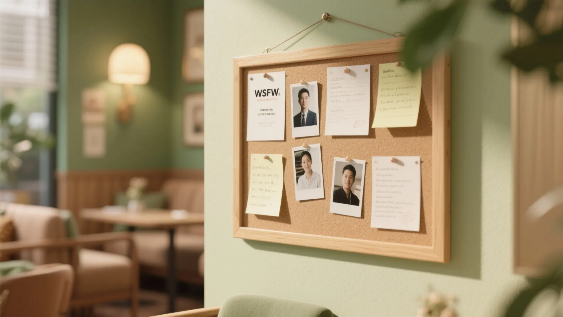 Cork board hanging on light green wall with photos and notes in a cafe setting