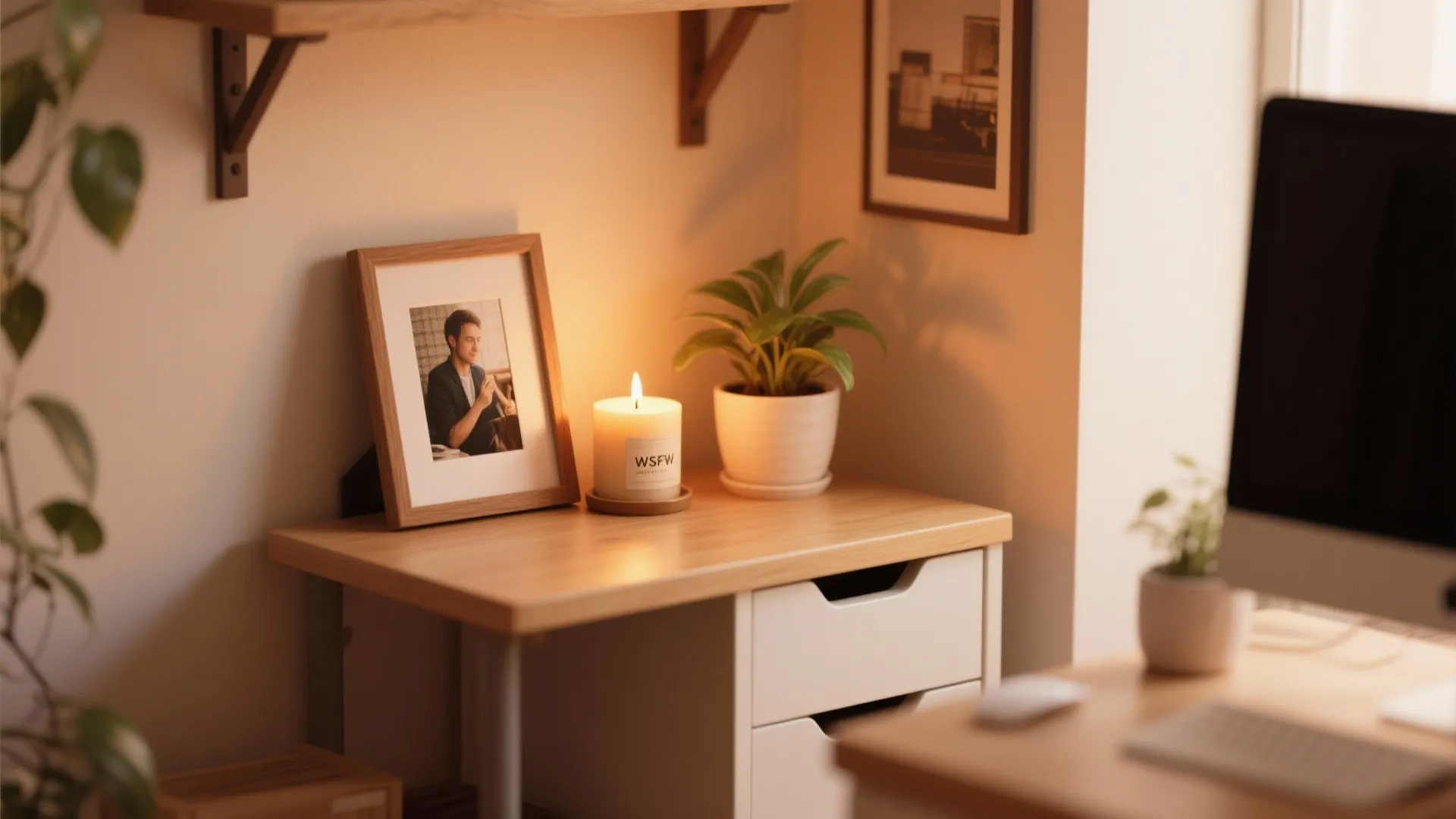 Wooden desk corner with photo frame and candle and green plant to create personal touch