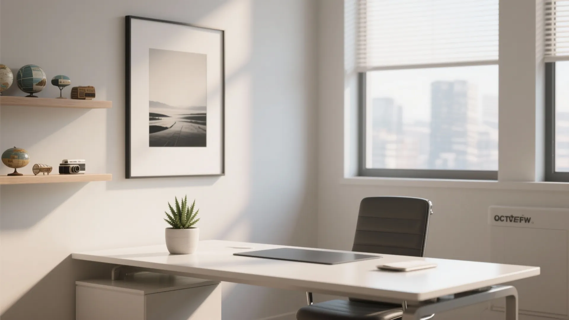 Bright home office with white desk black chair framed wall art and a small plant