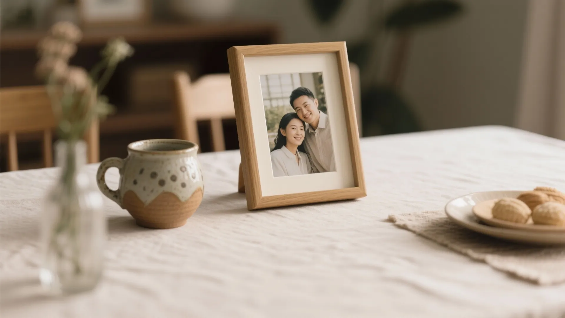 Close-up of personal mementos on dining table