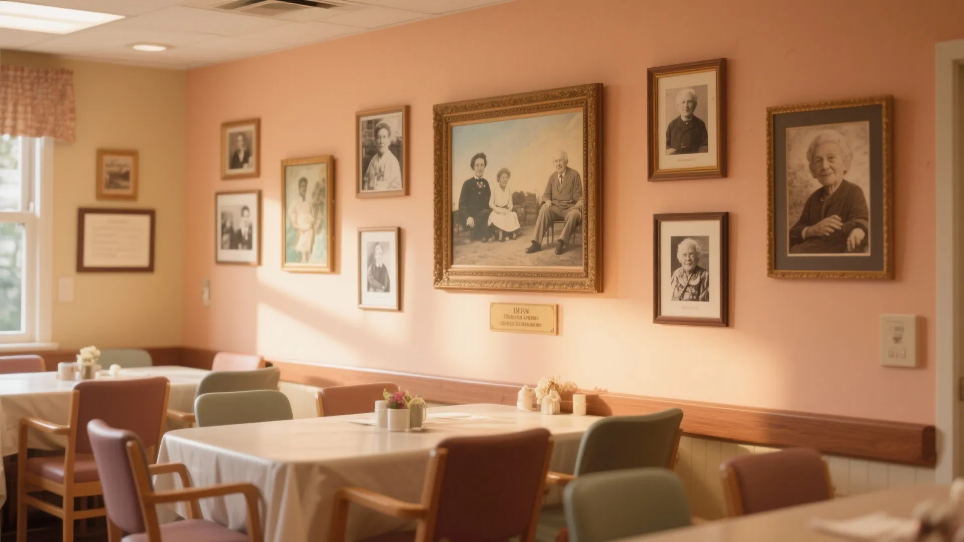 Dining room wall with historical photos and artwork