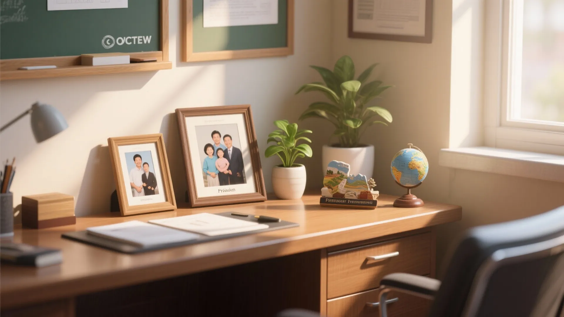 Wooden office desk with family photo frames green potted plants small globe and black chair