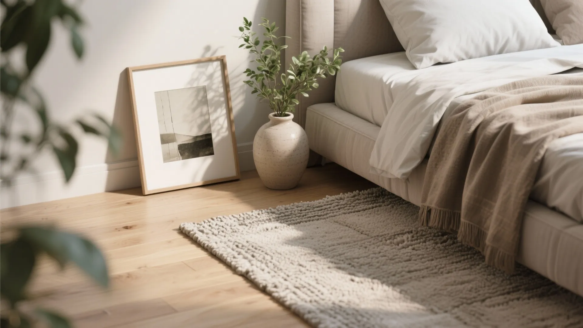 Cozy bedroom floor with woven rug ceramic vase green plant and framed art on wood