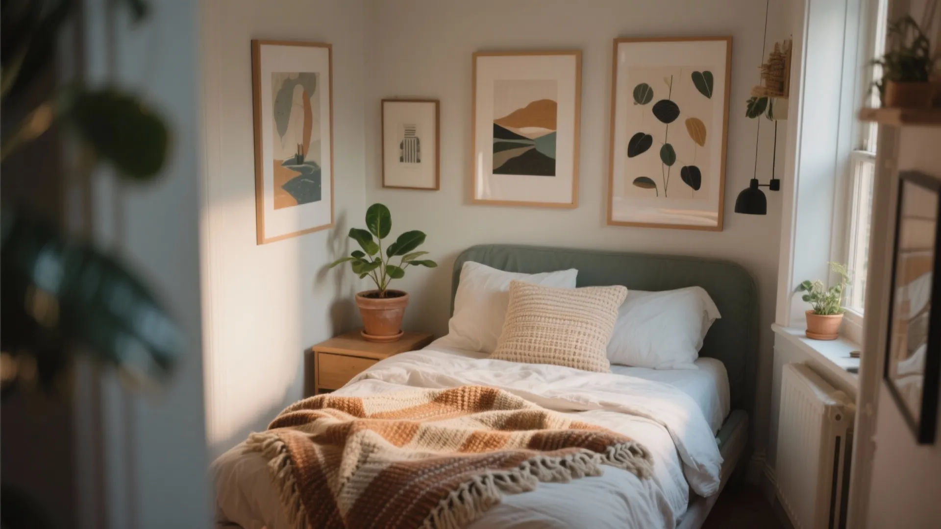 Cozy bedroom with green bed frame brown striped blanket framed wall art and potted green plant