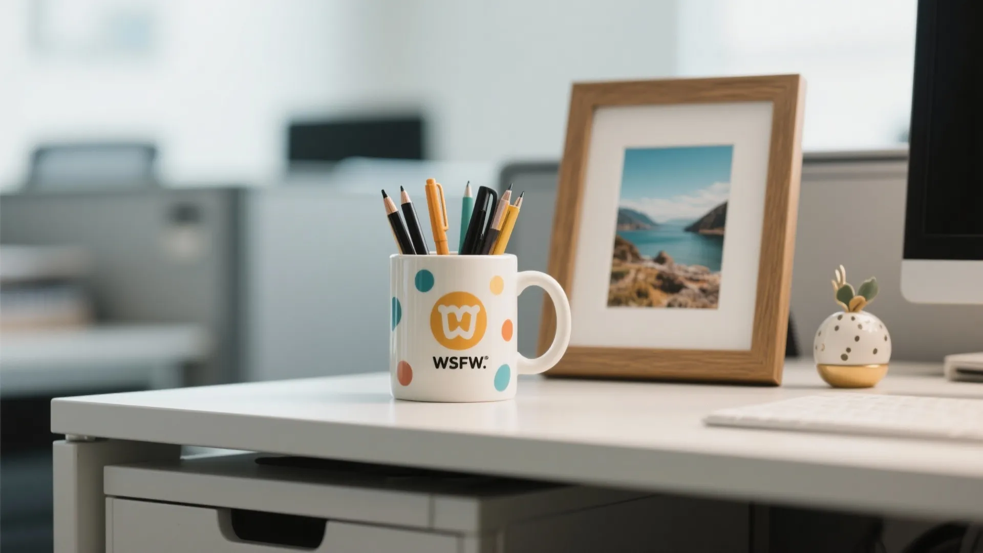 White desk with a mug of pens next to a wooden picture frame in office