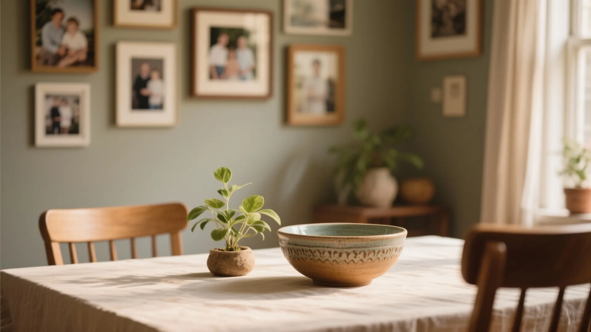 Close up of dining table with small plant and ceramic bowl against gallery wall background
