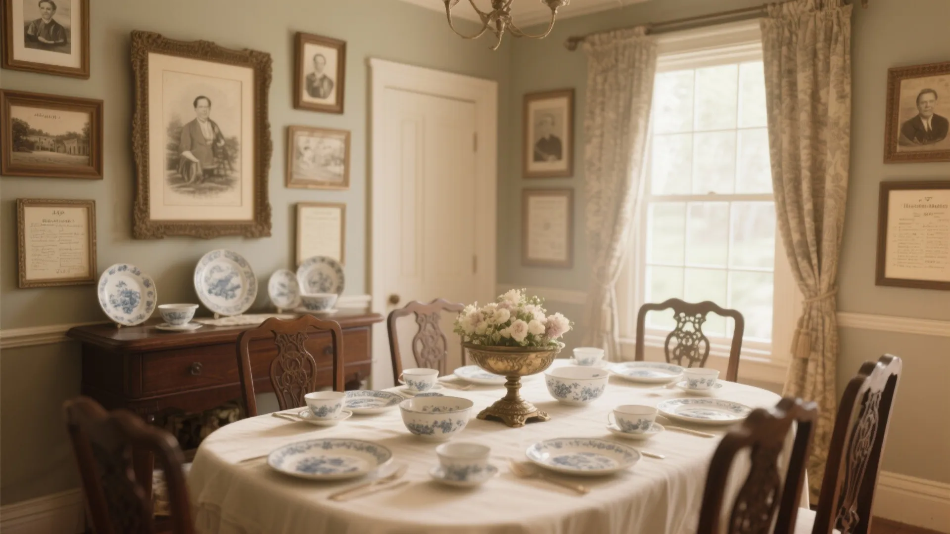 Dining room with heirloom china and framed family recipes