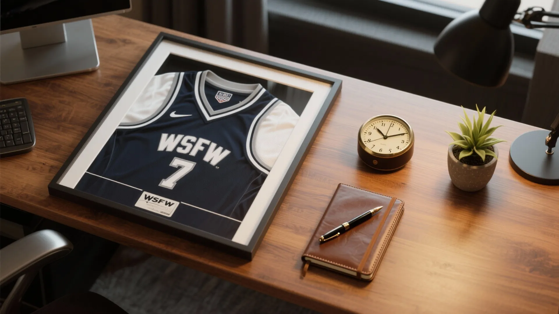 Framed sports jersey on a wooden desk with a clock notebook plant and desk lamp