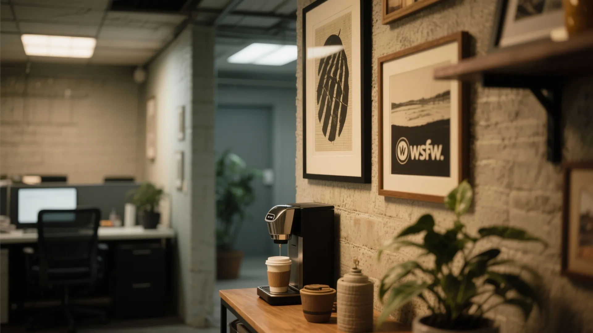 Office coffee station with black machine framed art on brick wall and green potted plant